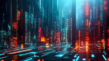 Fototapeta premium Futuristic Cityscape with Neon Lights and Technology