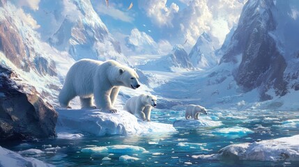 Naklejka premium Polar bears playing on ice floes in a remote Arctic landscape