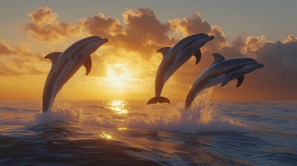 Fototapeta premium Dolphins jumping out of the water in front of a scenic ocean sunset