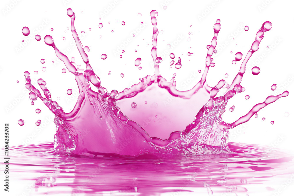Poster pink water droplet suspended in mid-air with large splash of water droplets surrounding it. vibrant 