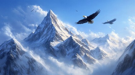 Fototapeta premium Eagles soaring over a mountain peak with a clear blue sky in the background