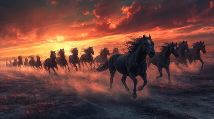 Herd of wild horses running across an open plain at sunrise
