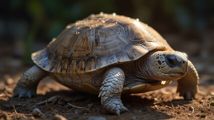 Fototapeta premium a rare albino tortoise that walks slowly on the ground. It's hard, intricately patterned shell provides a strong contrast to the soft, earthy background colors.