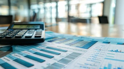 A calculator sits on top of a stack of blue and white papers. The calculator is black and has a black screen. The papers are blue and white and have graphs on them. Scene is focused and professional