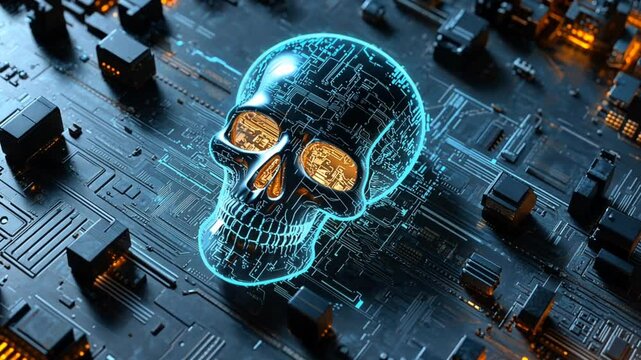 A glowing blue skull formed from data and code sits on a circuit board, representing cyber security threats.