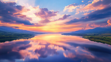 Fototapeta premium A stunning aerial view of the expansive river, reflecting the vibrant colors and dramatic clouds above