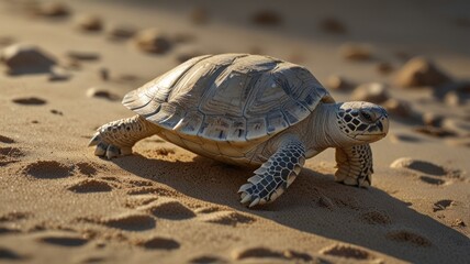a rare albino tortoise that walks slowly on the ground. It's hard, intricately patterned shell provides a strong contrast to the soft, earthy background colors.