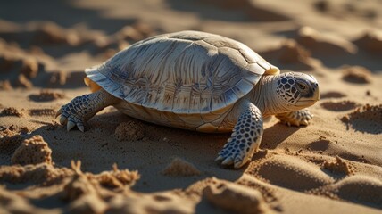 Obraz premium a rare albino tortoise that walks slowly on the ground. It's hard, intricately patterned shell provides a strong contrast to the soft, earthy background colors.
