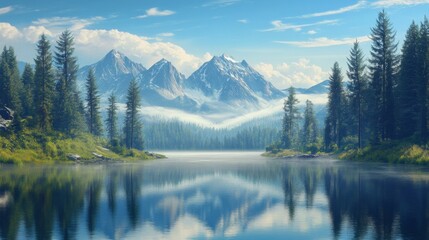 Obraz premium Calm lake with reflections of pine trees and mountains, mist rising in the early morning