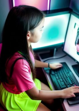 Beautiful woman webcam streamer conducts online stream only for fans, subscribers through laptop camera