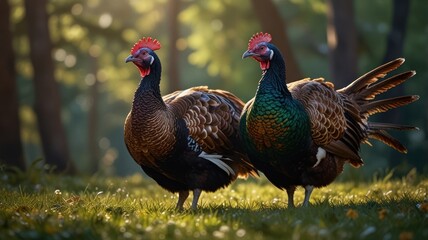Fototapeta premium two turkeys standing tall in a lush green forest, bathed in the warm glow of the morning sun. Their distinctive red crests, colorful plumage, and alert expressions are captured in detail.