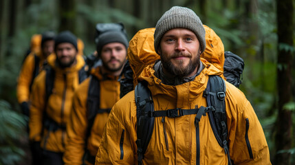 Fototapeta premium Hikers wearing yellow jackets and backpacks trekking through dense forest, showcasing camaraderie and adventure in nature