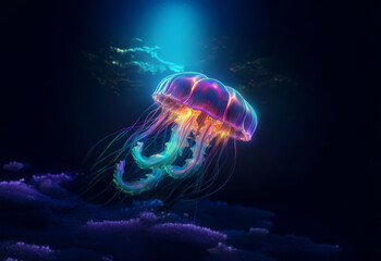 A glowing jellyfish with iridescent tentacles floats through the deep ocean.