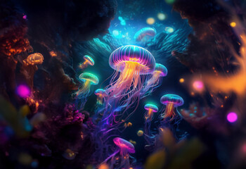 Obraz premium A cluster of bioluminescent jellyfish swim through an underwater cave. The jellyfish glow with vibrant hues of pink, purple, green, and blue.