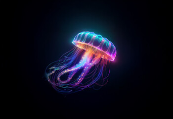 A vibrant, bioluminescent jellyfish floats against a dark background, its tentacles shimmering with color.
