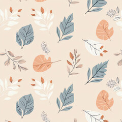 Fototapeta premium Seamless pattern with leaves and foliage in pastel colors on a beige background, hand-drawn illustration, vector flat icon design.