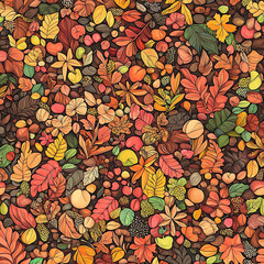 Fototapeta premium A seamless pattern of autumn leaves, acorns, and chestnuts scattered across the canvas, with vibrant fall colors.