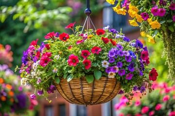A lush and vibrant hanging basket filled with flowering plants, flowering plants, flowers, botanicals, greenery