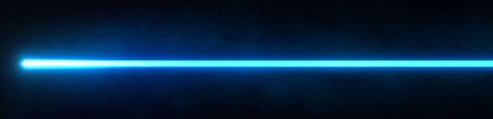 Blue laser beam light effect isolated on a black background, glowing white line