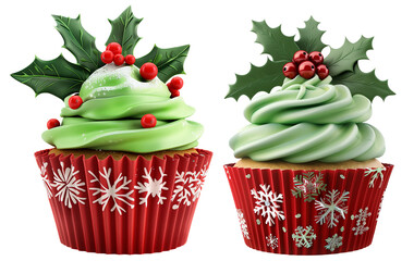 Two Festive Christmas Tree Cupcakes with Holly. Isolated on Transparent Background