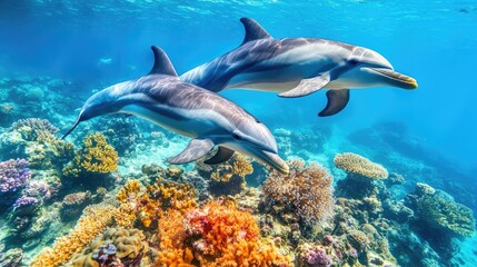 Obraz premium Dolphins Swimming Among Vibrant Coral Reefs