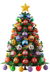 Christmas Tree Decorated With Smiley Emojis. Isolated on Transparent Background