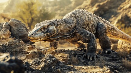 Fototapeta premium A Komodo dragon walking across a rocky terrain with detailed scales