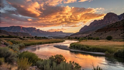 Serene Mountainous Landscape at Sunset with Warm Orange and Pink Sky Over Majestic Peaks and Valleys