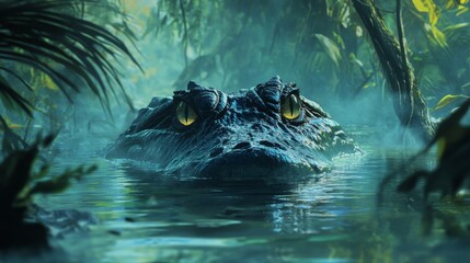 Obraz premium A crocodile partially submerged, eyes peeking out above water