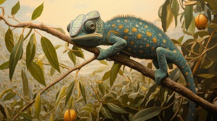 A chameleon climbing a branch, blending with its surroundings