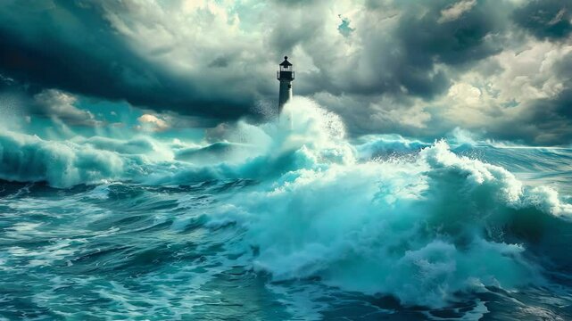 A lighthouse is in the middle of a stormy sea. The waves are crashing against the rocks and the lighthouse is being battered by the force of the water. Scene is one of danger and chaos