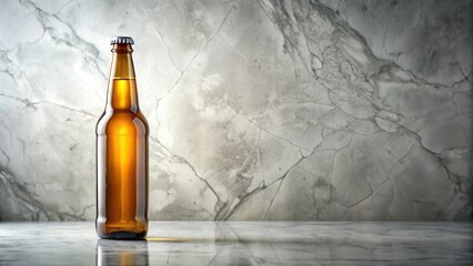 A sleek clear glass beer bottle with a rounded body and a narrow neck, placed on a marble slab, beverage, clear glass beer bottle, crystal glass, table setting
