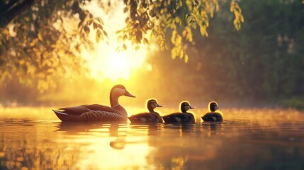 A family of ducks swimming in a pond at dawn