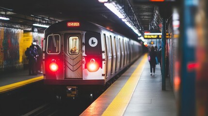 Fototapeta premium Experience the dynamic atmosphere of a blurred subway station as a train approaches passengers