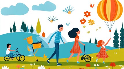 Family Adventure in Nature with Balloons and Bikes