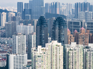 Fototapeta premium ShenZhen downtown landscape,drone aerial view of city in SHENZHEN.