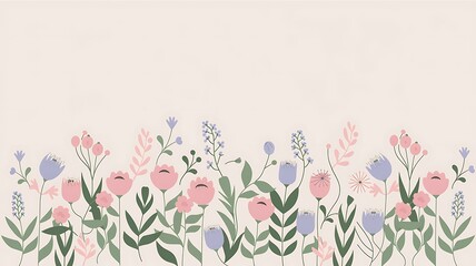 A Row of Pastel Pink and Purple Flowers with Green Foliage on a Light Background