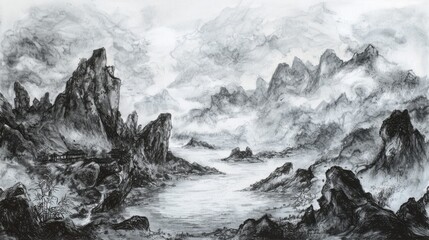 Obraz premium Zen Essence: A Modern Take on Traditional Chinese Ink Landscape