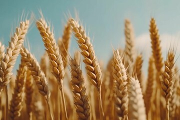 A field of golden wheat with a blue sky in the background