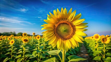 Obraz premium Bright yellow sunflower petals surrounded by dark green leaves on a sturdy stem in a field with a blue sky background, outdoors, sunflowers, flowers, landscape