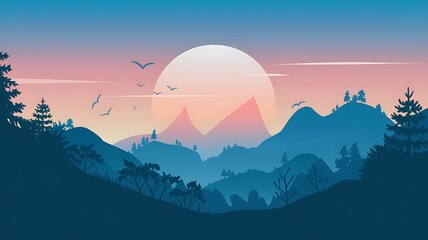 Obraz premium Silhouetted Mountain Range and Trees at Sunset with Birds Flying