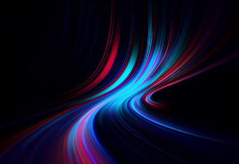 Abstract digital art with swirling lines of blue, red, and turquoise against a black background.