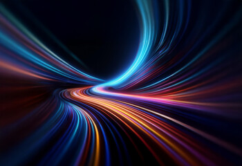 Abstract design with swirling lines of blue, orange, and red light against a dark background.