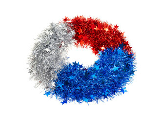 Patriotic wreath with tinsel stars isolated on white for Independence Day or celebrate July 4th.