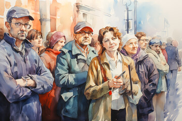 Obraz premium A diverse group of people stands in line outdoors, bundled in jackets, patiently waiting with calm expressions on a chilly day.