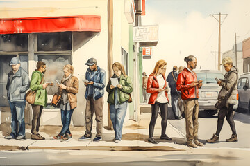 A group of people stand in line on a city sidewalk, engrossed in their smartphones and bundled up in casual outerwear on a cool day.