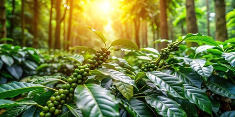 Obraz premium Coffee plants growing in a lush forest environment with dappled sunlight filtering through the leaves, foliage, trees, overgrown