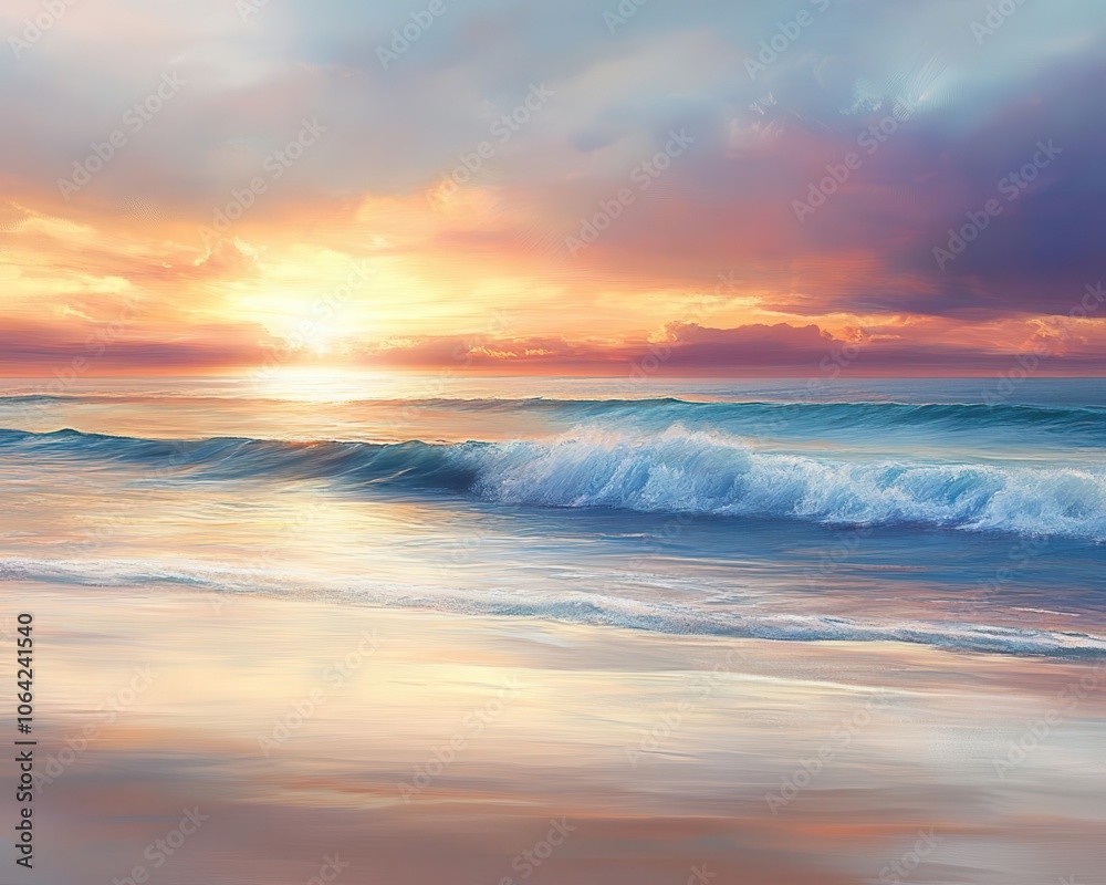 Canvas Prints Beach at sunrise with vibrant colors, soft lighting, serene atmosphere, ocean waves, dynamic sky, photo-realistic