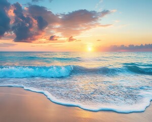 Obraz premium Beach at sunrise with vibrant colors, soft lighting, serene atmosphere, ocean waves, dynamic sky, photo-realistic