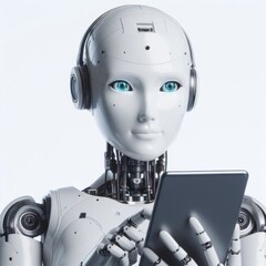 Futuristic female AI android  robot using a tablet laptop in a high-tech, cyber-inspired setting